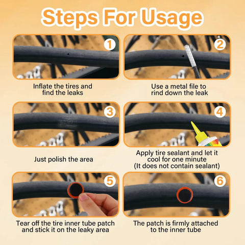 Steps for using 96 Pcs Bike Tire Patches Not Self Adhesive Rubber Patch For All Inner Tubes Outdoor Cycling Road Emergency Repair Kit