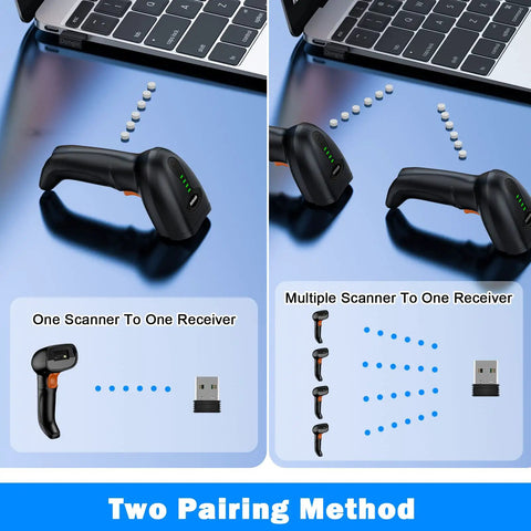 Bluetooth Wireless 2D Barcode Scanner With Auto Sensing Stand Hands Free Scanning When Placed On The Stand shown with pairing options next to laptop.