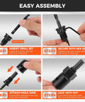 HORUSDY 8-piece hole saw kit with mandrel and hex key; includes two drill bits; assembly steps shown.