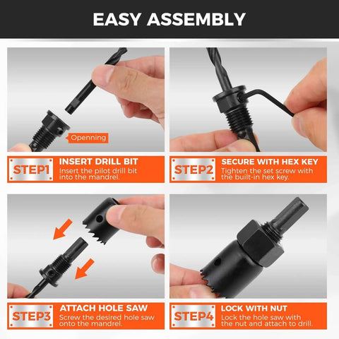 HORUSDY 8-piece hole saw kit with mandrel and hex key; includes two drill bits; assembly steps shown.