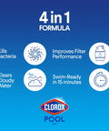 4 in 1 formula details for pool treatment, highlighting benefits like kills bacteria and clears cloudy water.