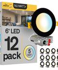 Six Inch Black Recessed LED Canless Slim Wafer Lights Kit, 12 Pack, 1050 Lumens Each, 15W shown in packaging