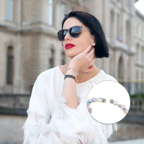 Woman wearing bracelet with 120 Pcs Memory Wire End Caps Set In Stainless Steel, Half Drilled Cord End Beads 3mm 4mm 5mm