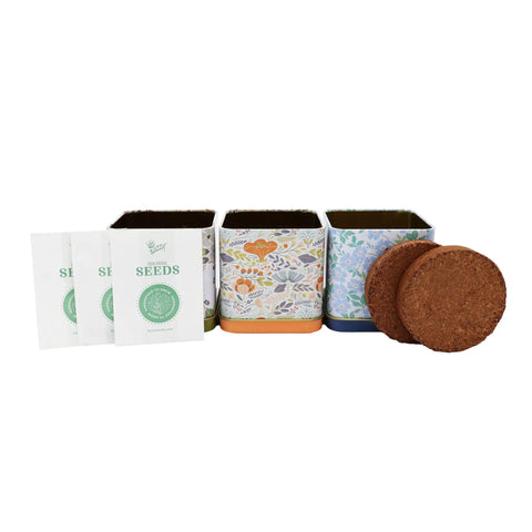 Herbal Tea Garden Starter Kit With Lavender Chamomile And Lemon Balm Seeds In 3 Square Tin Planters No Fuss Easy Indoor Homegrown Herb Kit For Windowsill Relaxing Gift For Garden Lovers, showing square planters and seed packets