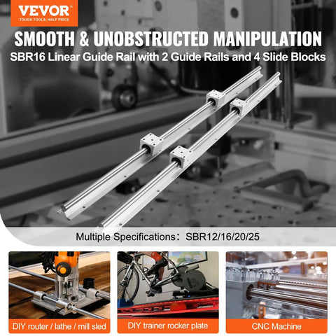 Heavy Duty SBR16 Linear Rail Slide Kit with Eight Smooth Sliding Blocks 31 Inch 800mm Guide Shafts, includes two guide rails and four slide blocks.