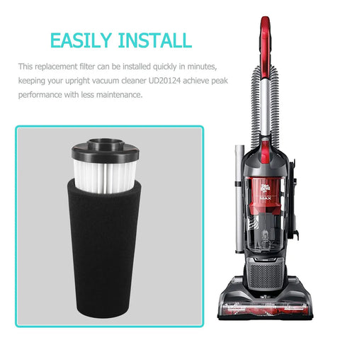 4 Pack F112 Vacuum Filter Replacement With 2 Foam Filters For Dirt Devil Upright Vacuums visible next to a red upright vacuum