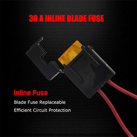 30A inline blade fuse from 4 Lead LED Rock Light Wiring Harness Kit With 2 Extension Wires Relay Fuse And Switch For Offroad Pods And Work Lights Great For Trucks Jeeps UTVs Easy Plug And Play Installation Total Power Under 80W