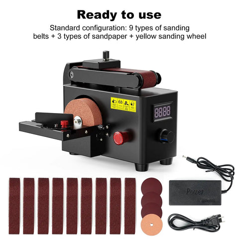 Heavy Hitter 200W Mini Belt and Disc Sander Produces 8500RPM with belts, sandpaper, and yellow sanding wheel for versatile use.