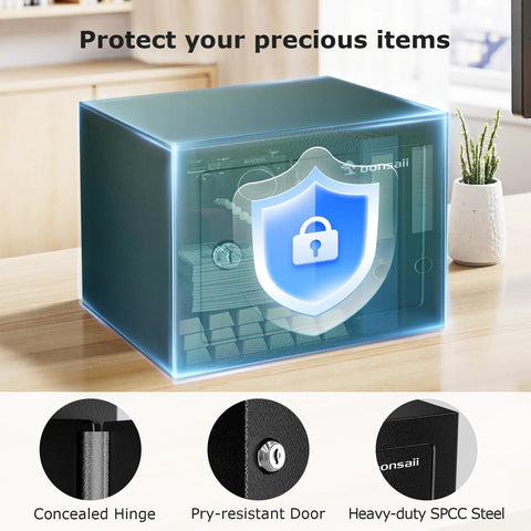 Small Steel Safe Box With Key Lock For Cash And Jewelry Hidden Security Safe Two Tenths Of A Cubic Foot Compact Size on desk