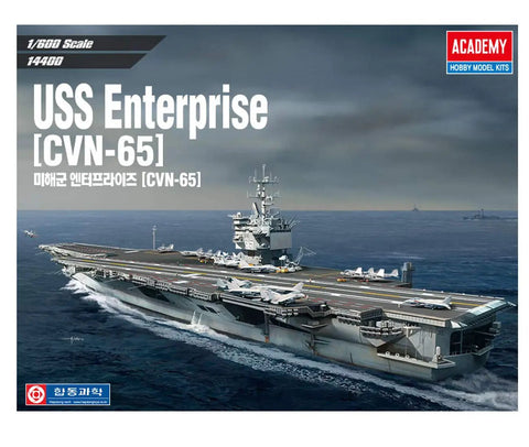Box art of 1/600 Scale Aircraft Carrier Model Kit Of The USS Enterprise CVN 65 With Photo Etched Radar, Ladder, Railings