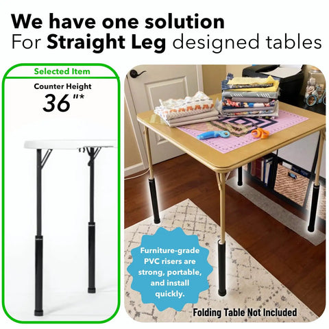 Folding Table Leg Extenders For Straight Leg Tables 1.25 Inch Fit No Tools Setup Portable Sturdy USA Made Elevate Counter Height