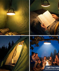 Collage of solar powered camping lantern in tent and campsite, showing various uses at night. Must Have All Weather Ready.