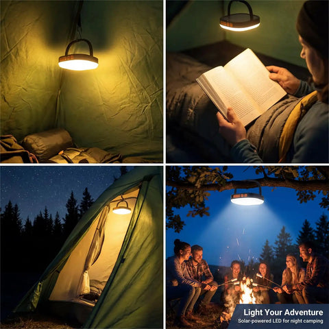 Collage of solar powered camping lantern in tent and campsite, showing various uses at night. Must Have All Weather Ready.
