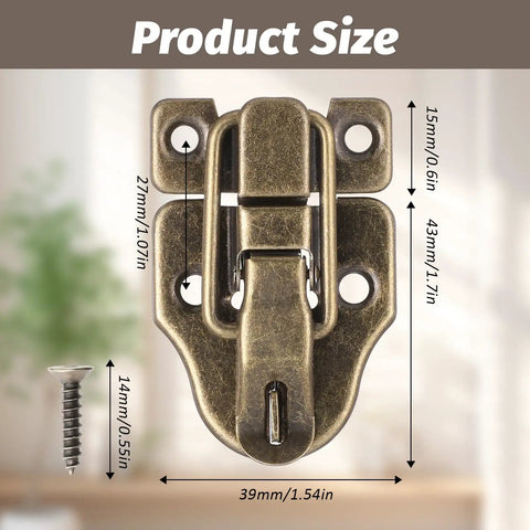 Two Pack Antique Bronze Duckbilled Hasp Clasp Latch Hardware showing dimensions and additional screw