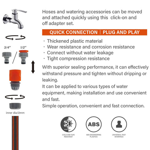 Four Piece Quick Connect Hose Fittings Set In Half Inch And Three Quarter Inch ABS Hose Connector features and usage diagram