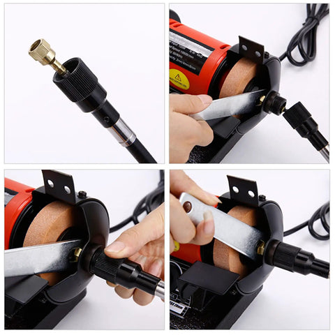 Badass Mini Bench Grinder With Variable Speed Up To 10000 RPM And Flexible Shaft Kit shown with close-up of attachments and adjustments.