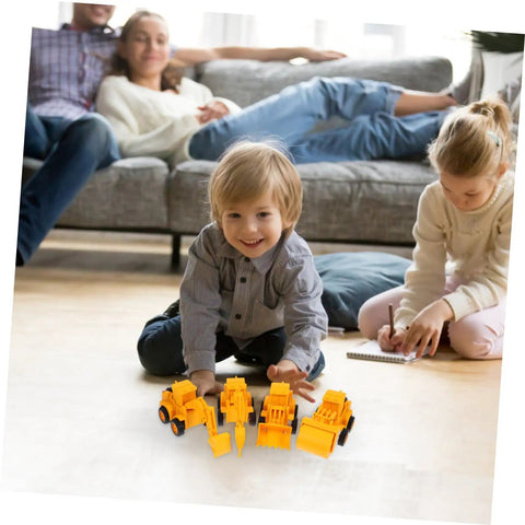 Child playing with 4 Pack Adorable Construction Truck Set With Realistic Front End Loader Models for imaginative play indoors.