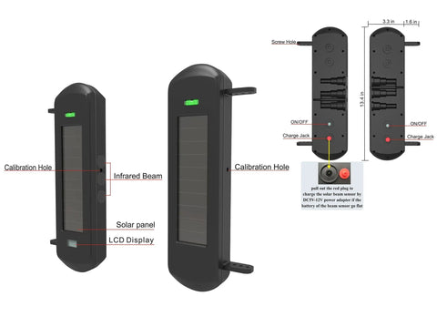 Solar Wireless Outdoor Driveway Alarm Sensor With 3 Beam Photoelectric Detection IP66 Waterproof design and features.