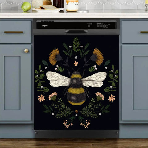 Autumn Bee Dishwasher Cover Magnetic Sticker 23x26 Inch Floral Flower Wasp Decor For Magnetic Panels Kitchen Makeover Removable