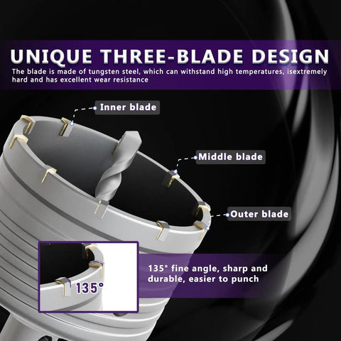 Close-up of a tungsten steel three-blade design for the Pro Grade 22 Pieces Concrete Hole Saw Kit for masonry projects.