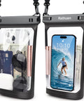 2 Pack Dope Floating Waterproof Phone Pouches With Large Capacity Dry Bag For Beach Swimming Rafting Boating Fits iPhone 17 16 15 Pro Max And Galaxy S26 S25 S24 Ultra All Phones showing contents and touchscreen functionality