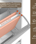 Farmhouse Narrow Shoe Cabinet With Odor Control Deodorizer 2 Flip Drawers showing adjustable and removable middle shelf