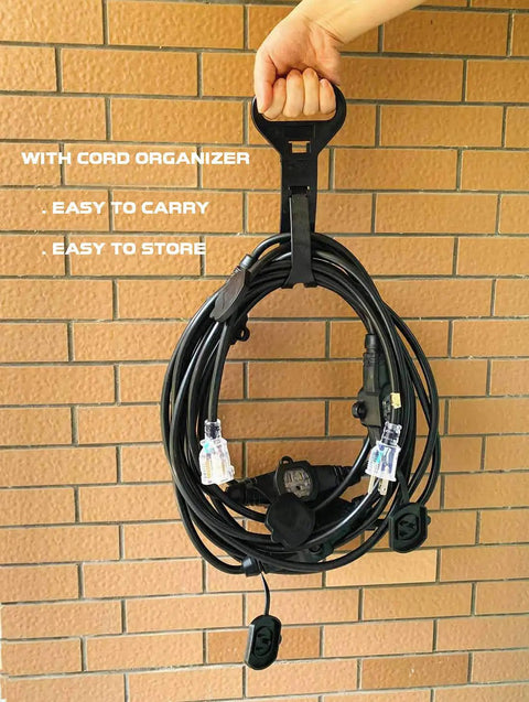 30 Foot Heavy Duty Extension Cord With 6 Outlets Spaced Every 5 Feet For Indoor Outdoor Use 12 3 AWG SJTW Wire ETL Listed Grounded 20A 125V 2500W Built Tough For Christmas Lighting Holiday Decor Uplighting And Stage Backlines hanging on a wall with cord organizer
