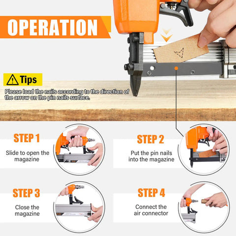 Diagram showing operation steps for Lightweight 23 Gauge Pneumatic Headless Pin Nailer Kit With 10000 Pins, DIY friendly tool.