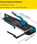 Mophorn 48-inch tile cutter with teal frame and black base; manual rail cutter.