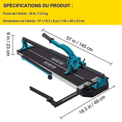 Mophorn 48-inch tile cutter with teal frame and black base; manual rail cutter.