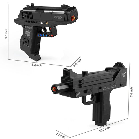 Two In One Gun Building Blocks Set With 800 Pieces Lets You Build MAC10 SMG And PPK Pistol Features Working Trigger Moving Slide Removable Magazine And 12 Plastic Projectiles For Build Play Display And Collectors Ages 8 And Up, black plastic building models
