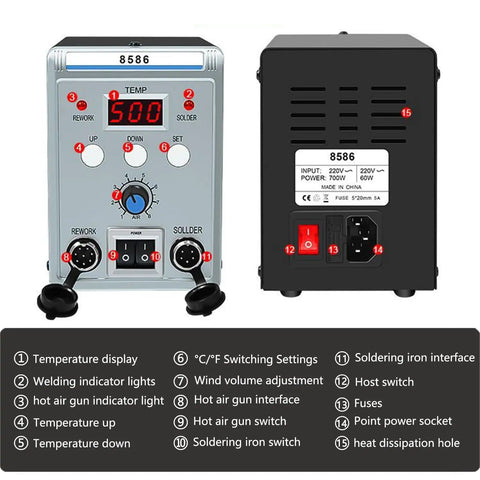 Front and back view of 2 In 1 Digital Soldering Station With Hot Air Rework Tool And Soldering Iron showing controls and connections.