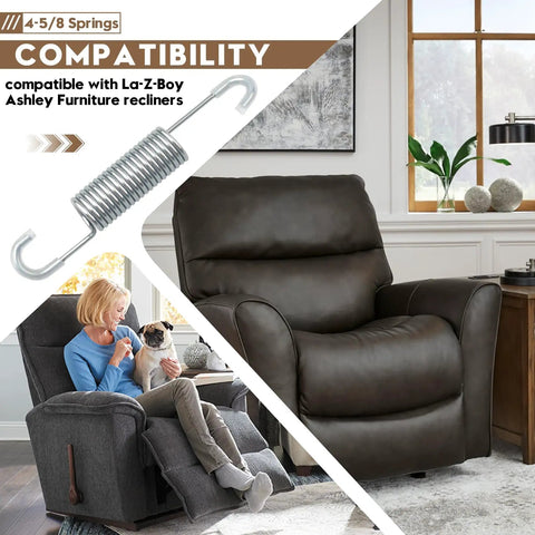 Heavy Duty Tension Spring Replacement For Recliner Sofa And Couch Chairs Quick Homebody Fix 4-5/8 Inch Overall Length Durable Steel Coil Build No Sweat Install Sweet Deal 2 Pack with compatibility details.