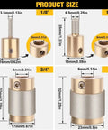 Stained Glass Diamond Grinder Bit Set Pro Grade 4 Size Heads For Glass Drilling Brass Core Bits With 1 Inch 3/4 Inch 1/4 Inch And 1/8 Inch Heads And Allen Wrenches shown with product dimensions.