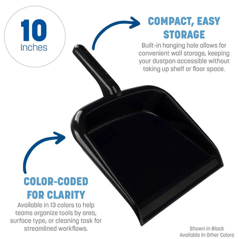 Black 10-inch Large Handheld Dustpan With Wide Lip And Hanging Hole, Heavy Duty Plastic Dustpan For Countertops And Surfaces, Made In Mexico