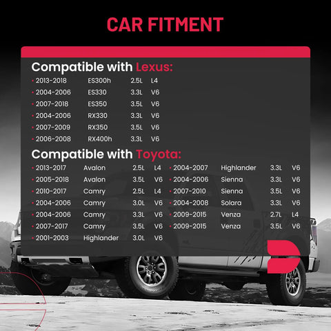 Compatibility chart for Front Wheel Bearing Hub Assembly 5 Lug 2 Pack with Toyota and Lexus models, including Camry, Avalon, RX350.