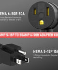 Close-up of NEMA 6-50R 50A female adapter and NEMA 5-15P 15A male plug for 12AWG Heavy Duty Welder Adapter Cord NEMA 5-15P To 6-50R 1Ft Power Cable For Welding Machines 15 Amp 125 Volt Copper Conductors Built For Tough Reliability And Real World Jobs.