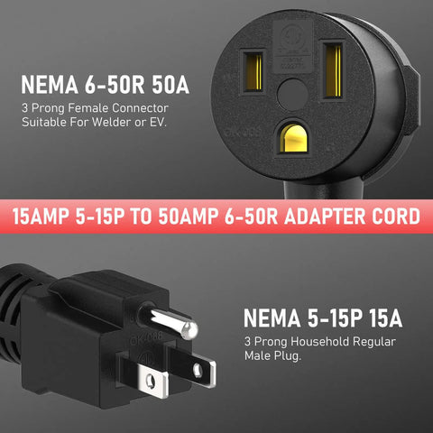 Close-up of NEMA 6-50R 50A female adapter and NEMA 5-15P 15A male plug for 12AWG Heavy Duty Welder Adapter Cord NEMA 5-15P To 6-50R 1Ft Power Cable For Welding Machines 15 Amp 125 Volt Copper Conductors Built For Tough Reliability And Real World Jobs.