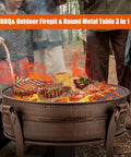 36 Inch Outdoor Fire Pit With Grill N Chill And Lid All In One Round Table For Patio Barbecues with food grilling