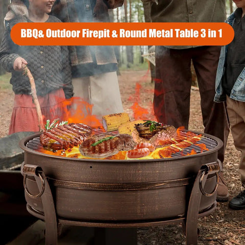 36 Inch Outdoor Fire Pit With Grill N Chill And Lid All In One Round Table For Patio Barbecues with food grilling
