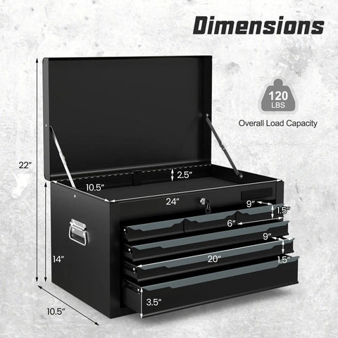 Large Metal Tool Box With Six Drawers And Top Tray, Heavy Duty Steel Chest With Auto Locking Drawers And Side Handles, Black