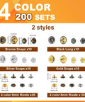 Pro Grade Leather Rivets Snap Buttons And Fasteners Kit with 4 color metal snaps and 200 sets for DIY fashion projects.