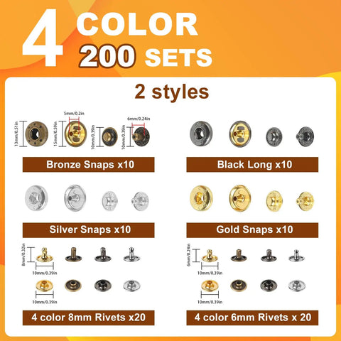 Pro Grade Leather Rivets Snap Buttons And Fasteners Kit with 4 color metal snaps and 200 sets for DIY fashion projects.