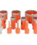 Top Notch 11 Piece Hole Saw Kit For Ceramic Tile And Marble Drilling With M14 Shanks For Precise Granite Holes That Make Your DIY Projects Look Totally Sick And Super Efficient. Orange diamond hole saw set with M14 adapter, 6-68mm