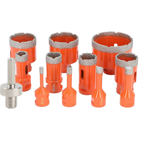 Top Notch 11 Piece Hole Saw Kit For Ceramic Tile And Marble Drilling With M14 Shanks For Precise Granite Holes That Make Your DIY Projects Look Totally Sick And Super Efficient. Orange diamond hole saw set with M14 adapter, 6-68mm