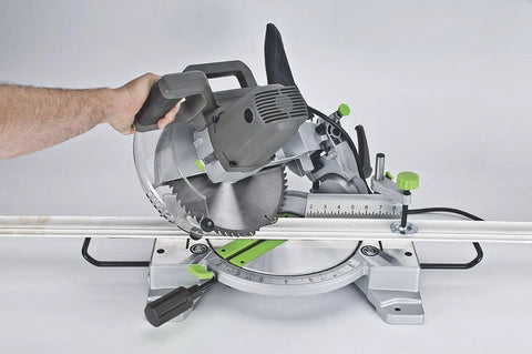Side view of a Beefy 15 Amp 10 Inch Compound Miter Saw With Laser Guide And Nine Positive Miter Stops for precise bevel and miter cuts