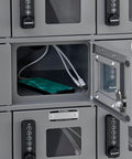 Secure 24 Door Clear View Cell Phone Charging Locker With Usb C Micro Lightning Ports For Offices Classrooms Ultimate Gear Vault And No Stress Charging Setup with open door showing a phone and charging cables inside.