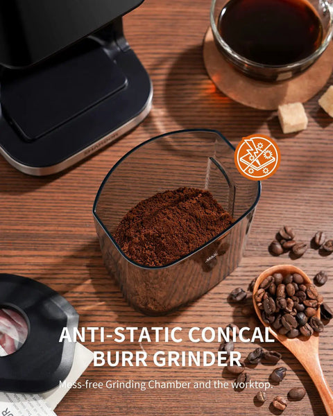 Conical Burr Espresso Coffee Grinder Electric With Precision Timer 2.0 and grounds in anti-static container