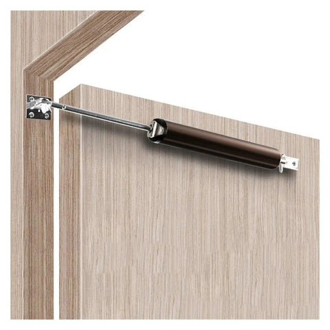 Gas Spring Automatic Door Closer With Soft Close Adjustable Buffer Force overhead installation on wood door frame.