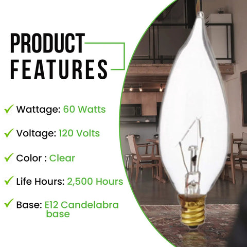 Clear bulb with E12 candelabra base, 60 watts, 120 volts, inside a kitchen setting. Product features text visible beside the bulb.